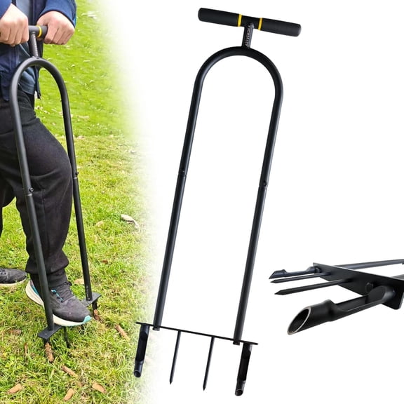 Manual Core Aerator Lawn Tool, 2 Half-Open Hollow Slot Tines & 2 Spike Grass Aeration Tool, Plug Aerator for Hard Compacted Soil, Yard Aerator for Large Lawn Reduce Water Runoff & Boost Root Growth