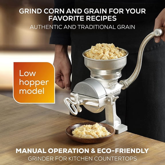 Manual Corn Grinder with Low Hopper - Heavy Duty Cast Iron Grain Mill for Wheat Rice Soybeans Pepper Chickpeas