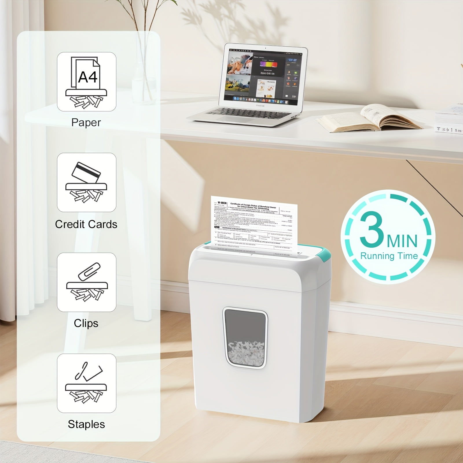 Manual Cross-Cut Paper Shredder for Home Office, 6-Sheet Capacity, Shreds Credit Cards, Staples & Clips, 3.4-Gallon Bin, White & Teal Design, 110-130V US Plug