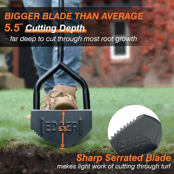Manual Edger Lawn Tool 40-inch, Half Moon Edger Chopper Lawn Tool with V-Shape Serrated Blade, Solid Steel Lawn Edger Tool with Soft T-Grip, Garden Edger for Sidewalk, Grass, Yard, Landscape
