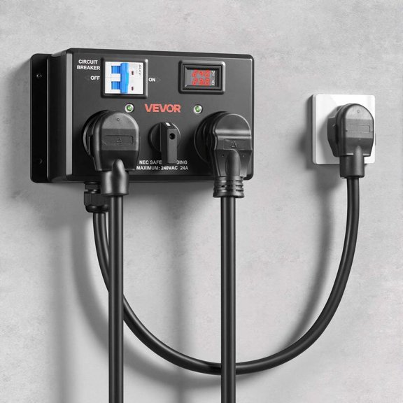 Manual Ev Charging Switch, Nema 14-30P to 14-30R & 14-50R, 24A Max, 240V, Circuit Breaker, Plug and Play