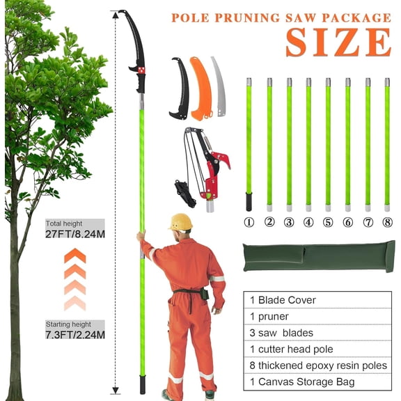 Manual Extendable Tree Pruner Pole Saw 7.3-27ft for High Branches, Heavy Duty Alloy Steel Blade with 3 Extra Blades
