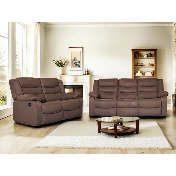 Manual Fabric 5-SEAT Reclining Sofa Set, 2-Piece Microfiber Modern Living Room Furniture with Sofa , Loveseat and Drop Table & Cup Holders