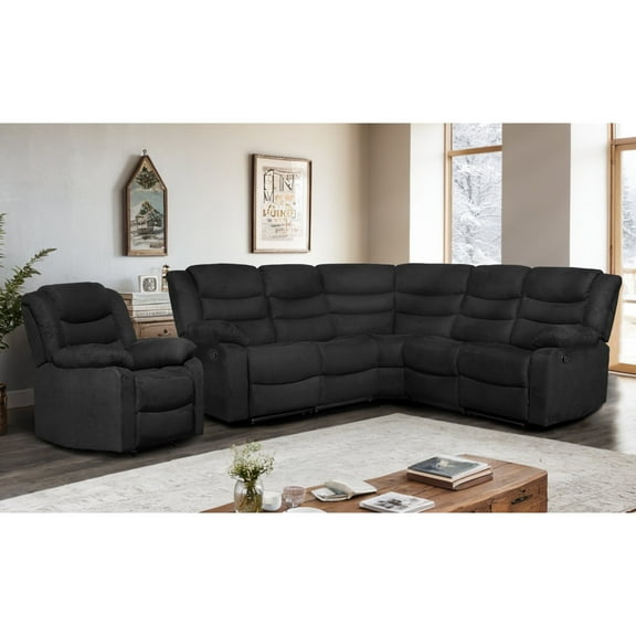 Manual Fabric 6-SEAT Reclining Sofa Set,2-Piece Microfiber Modern Living Room Furniture with Sectional sofa ,Recliner and Drop Table & Cup Holders