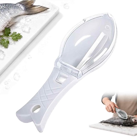 Manual Fish Scaler with Collection Box - Portable Fish Scale Remover, Stainless Steel Descaler Tool for Kitchen Seafood Cleaning, Mess-Contained Scraper (White) P