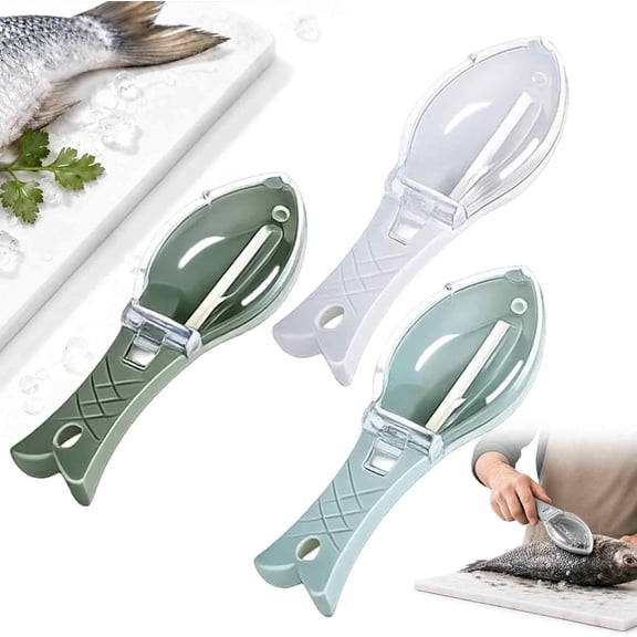 Manual Fish Scaler Remover with Collection Box, Stainless Steel Sawtooth Fish Descaler Tool, Portable Fish Scale Scraper for Kitchen Seafood Cleaning(3pcs)Q
