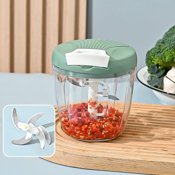 Manual Food Chopper Pull Cord, No Electricity Garlic Onion Vegetable Cutter with Steel Blades