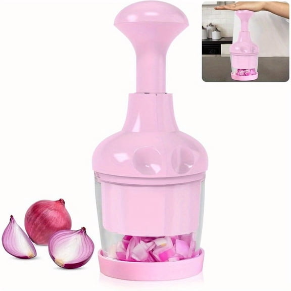 Manual Food Chopper with Stainless Steel Blades - 6-in-1 Handheld Vegetable Onion Garlic Nut Chopper, Dishwasher Safe Pink Transparent Container & Non-Slip Base for Salad Prep, Kitchen Gadget Gift