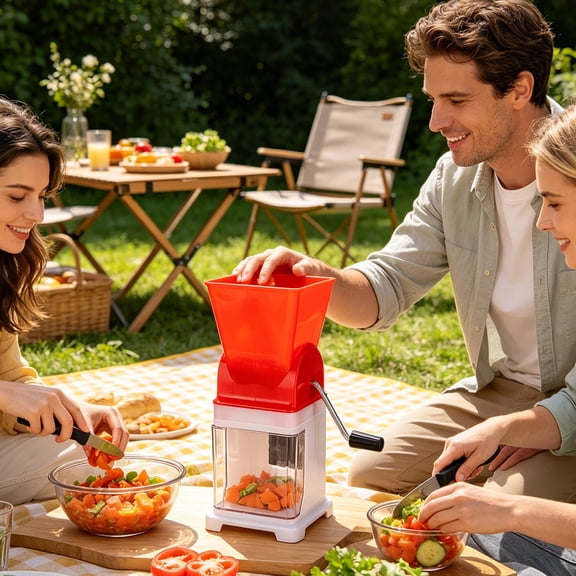 Manual Food Chopper and Dicer for Vegetables and Fruit, Hand Crank Portable Food Processor, Kitchen Gadget for Quick Meal Prep, Camping and RV Use