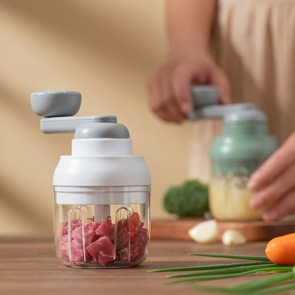 Manual Food Processor Chopper | Portable Vegetable Meat Grinder | Garlic Ginger Pepper Crusher | Handheld ABS Plastic | 250ml Capacity | White Green | Restaurant Kitchen Tools