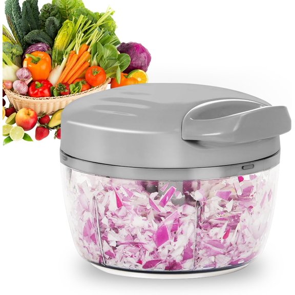 Manual Food Processor Vegetable Chopper 2.3 Cup Small Mini Hand Pull String Onion Chopper Garlic Mincer Cutter with 3 Stainless Steel Blades (Grey 550 ml)