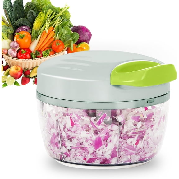 Manual Food Processor Vegetable Chopper 2.3 Cup Small Mini Hand Pull String Onion Chopper Garlic Mincer Cutter with 3 Stainless Steel Blades - Green