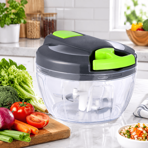 Manual Food Processor Vegetable Chopper, Portable Hand Pull String Garlic Mincer Onion Cutter for Veggies, Ginger, Fruits, Nuts, Herbs, etc., 500ml, Gray-green