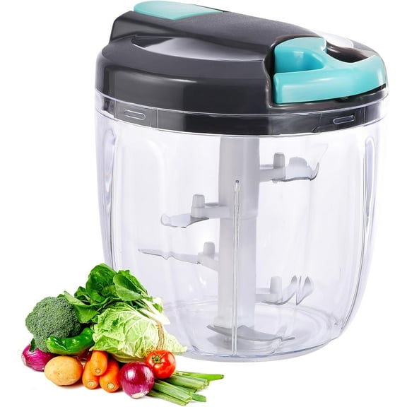 Manual Food Processor Vegetable Chopper, Portable Hand Pull String Garlic Mincer Onion Cutter for Veggies, Ginger, Fruits, Nuts, Herbs, etc., (900ml,Gray-blue)