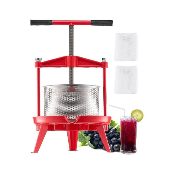 Manual Fruit Wine Press for Wine Making, 2.38 Gal/9L Stainless Steel Juice Extractor with Cast Iron Crossbeam, Large Capacity, T-Handle Spiral Press, Removable Basket, Ideal for Home, Farm, or Winery