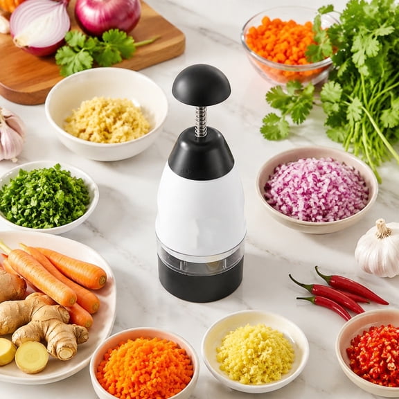 Manual Garlic Press & Vegetable Chopper 9.5 Inch, Multifunctional Scallion Ginger Slicer with Stainless Steel Blades, Easy Clean, Black/White