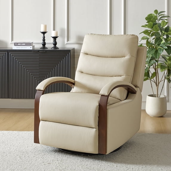 Manual Genuine Leather Recliner Chair 360-Degree Swivel Rocking Metal Base for Living Room Beige