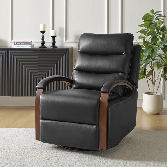 Manual Genuine Leather Recliner Chair 360-Degree Swivel Rocking Metal Base for Living Room Black