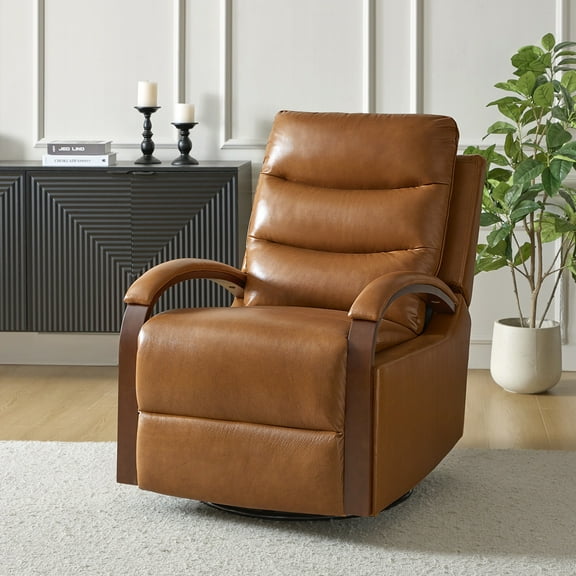 Manual Genuine Leather Recliner Chair 360-Degree Swivel Rocking Metal Base for Living Room Camel