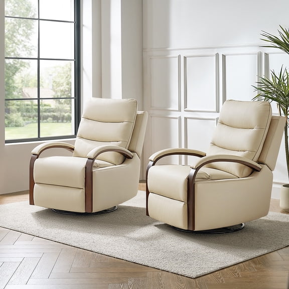 Manual Genuine Leather Recliner Chairs 360-Degree Swivel Rocking Metal Base Set of 2 for Living Room Beige
