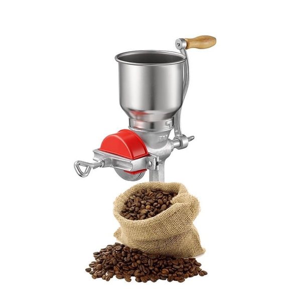 Manual Grain Mill with High Hopper for Grains Spices Coffee Beans Nuts Silver Metal Wood