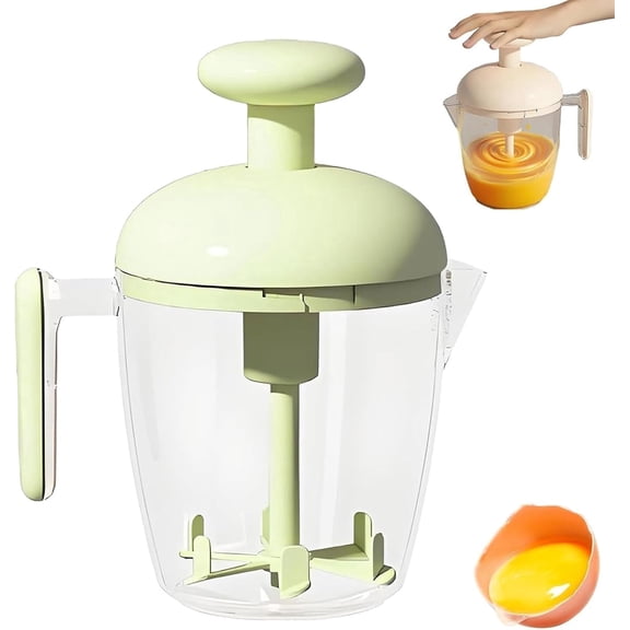 Manual Hand Push Mixer With Filter Cup, Ergonomic Multi Blade Frother Kitchen Prep Tool, Green
