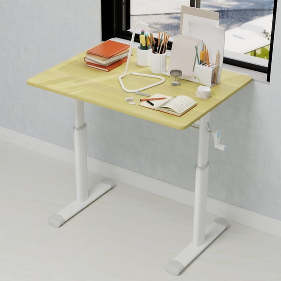 Manual Height Adjustable Home Office Desk Minimalist Wood and Iron Work Table with Rectangular Desktop for Working and Study
