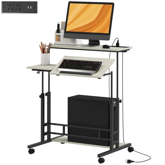Manual Height Adjustable Standing Desk, Oak Three-Panel Tiltable Desktop Desk with Built-in Charging Station, Lockable Caster Wheels for Home Office Studio Classroom