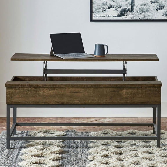 Manual Height Adjustable Table | For Comfortable Work in Living Room | Black Metal and Brown Wood | Store Small Materials