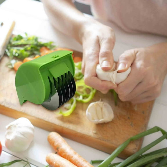 Manual Herb Roller Cutter with 6 Stainless Steel Blades, Multifunctional Handheld Scallion Chive Mint Chopper for Kitchen, Includes 1 Garlic Cutter