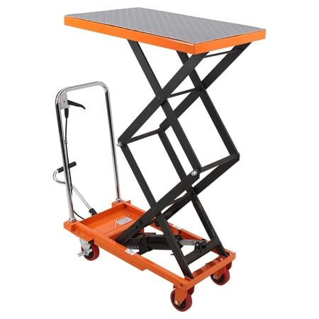 Manual Hydraulic Double Scissor Lift Table, 770 lbs Capacity Industrial Cart, Mobile Elevating Workstation with Adjustable Height up to 59", Orange