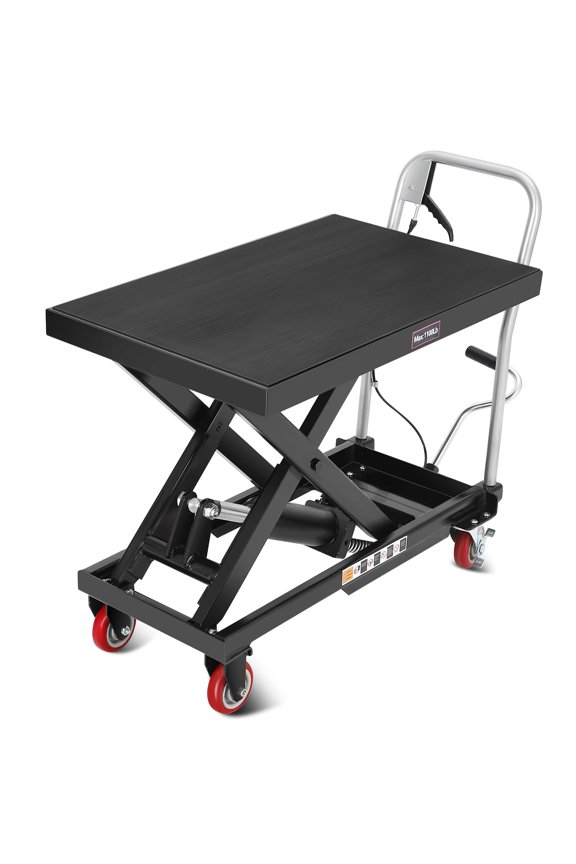 Manual Hydraulic Scissor Lift Table Cart – 330 lbs Capacity, 28.5" Lift Height, Single Scissor, Locking Wheels, Non-Slip Pad Black Handle, 330lbs | 28.5" Lift | Black+Black Handle, Includes Gloves