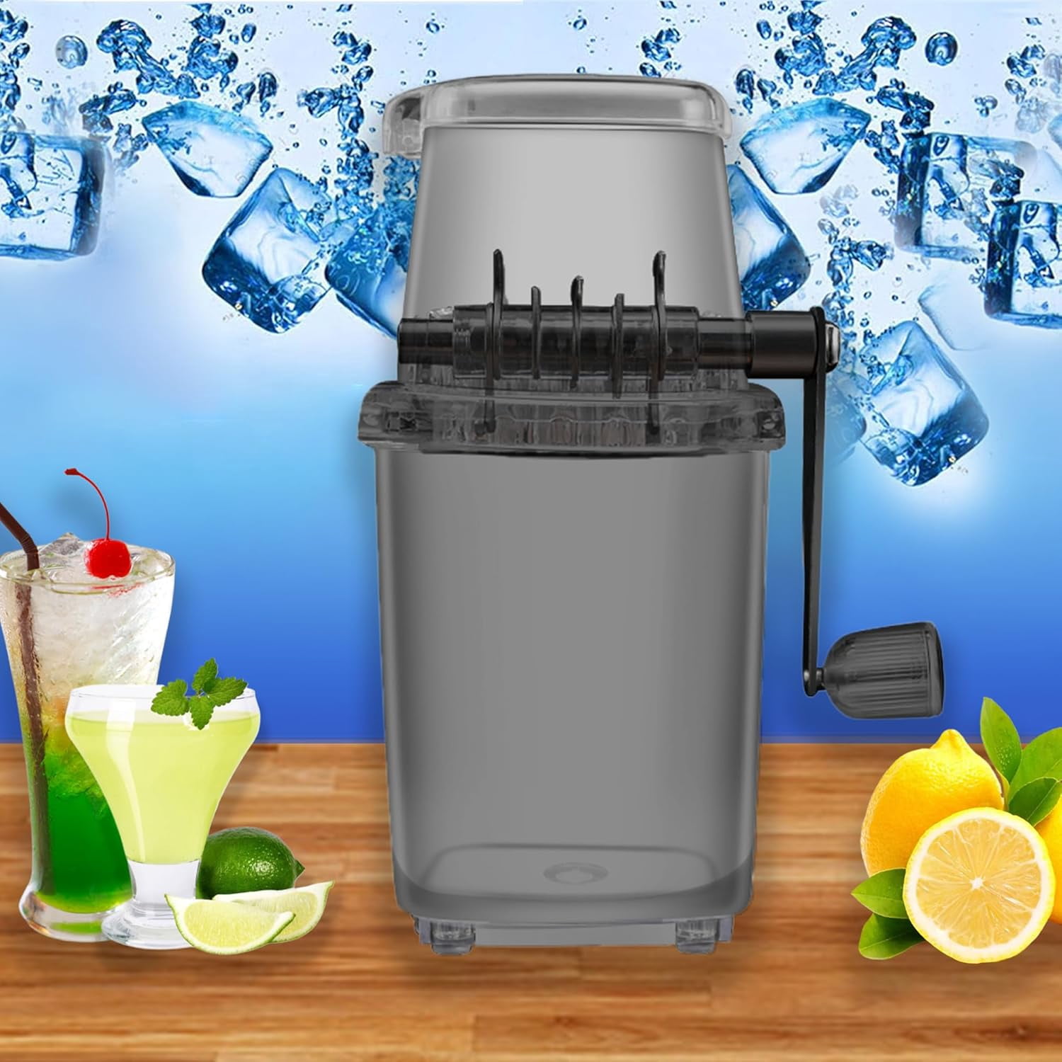 Manual Ice Crusher Machine: 1.25L Chrome Plated Ice Grinder, Portable Clear Ice Crushers for Home Use Office Outdoor Camping, Small DIY Hand-Crank Openable Lid Crushed Ice Shaver (Black)