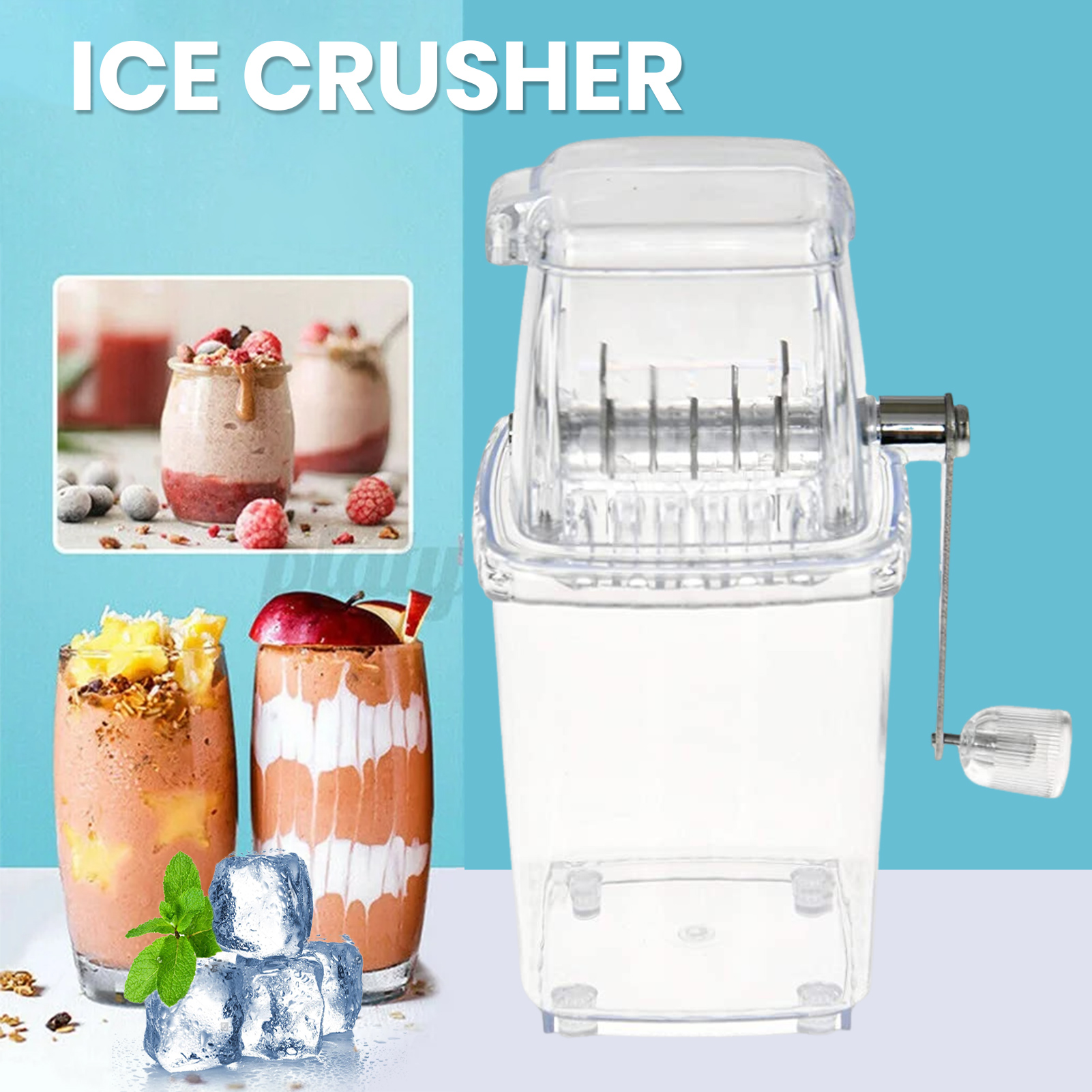 Manual Ice Crusher Rotary Handle Stainless Steel Blades Multifunctional 