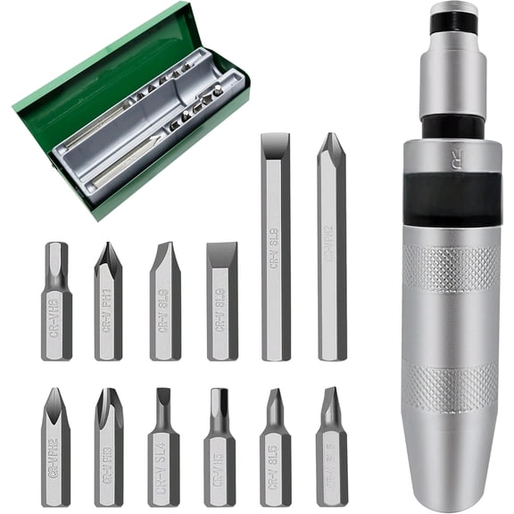 Manual Impact Screwdriver, 1/2 Reversible Hand Impact Driver Set, Hammer Screwdriver with 12-Piece CR-V Slotted, Phillips, Hexagonal Bits Set for Removing Rusted Fasteners or Frozen Bolts