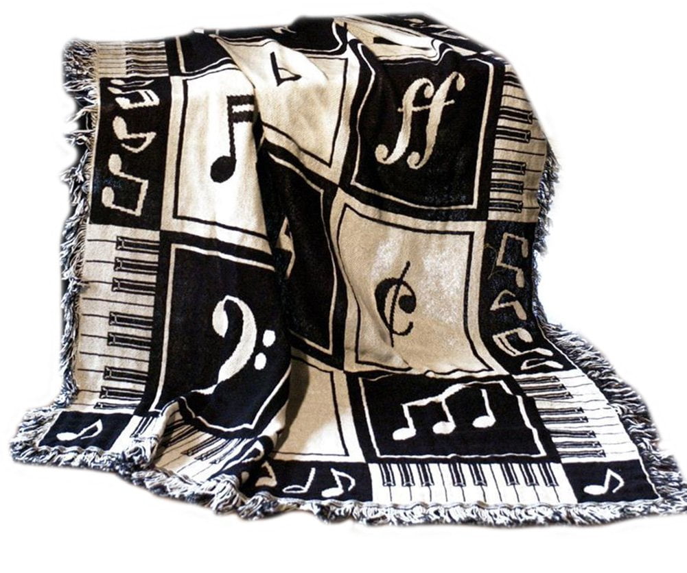 Musical Notes Black and White Cotton Throw Blanket
