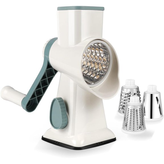Manual Kitchen Mandoline Slicer, Multifunctional Vegetable Cutter with 3 Detachable Drum Blades, Vegetable Cutter for Potatoes, Strong Suction, Carrots, Cheese, Nuts, etc. (White)
