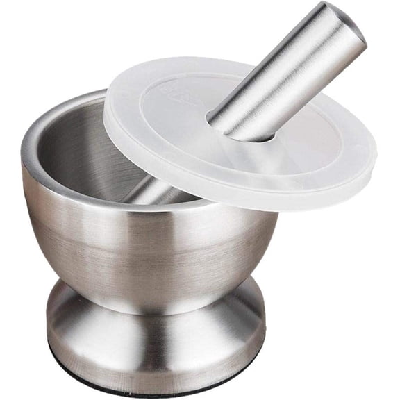 Manual Kitchen Mortar & Pestle Set – Stainless Steel Herb Grinder with Silicone Lid, Stable Base, Multifunctional Crusher for Herbs, Grains, SpIces, And Lab Use, A Garlic Press + A Garlic Pestle