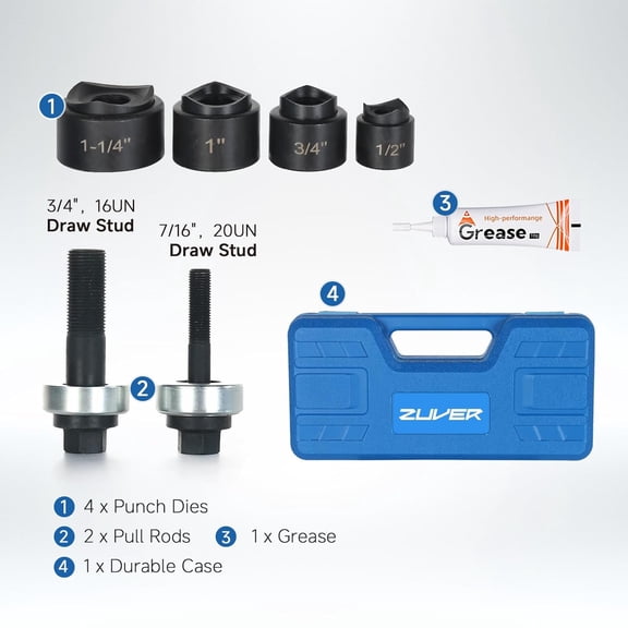 Manual Knockout Punch Kit, with 4 Blackened Dies 1/2", 3/4", 1", 1-1/4" Heavy Duty KO Hole Punch Driver and Cutter Set for Electrical Conduit and Metal Sheet$$Tools & Hardware Other
