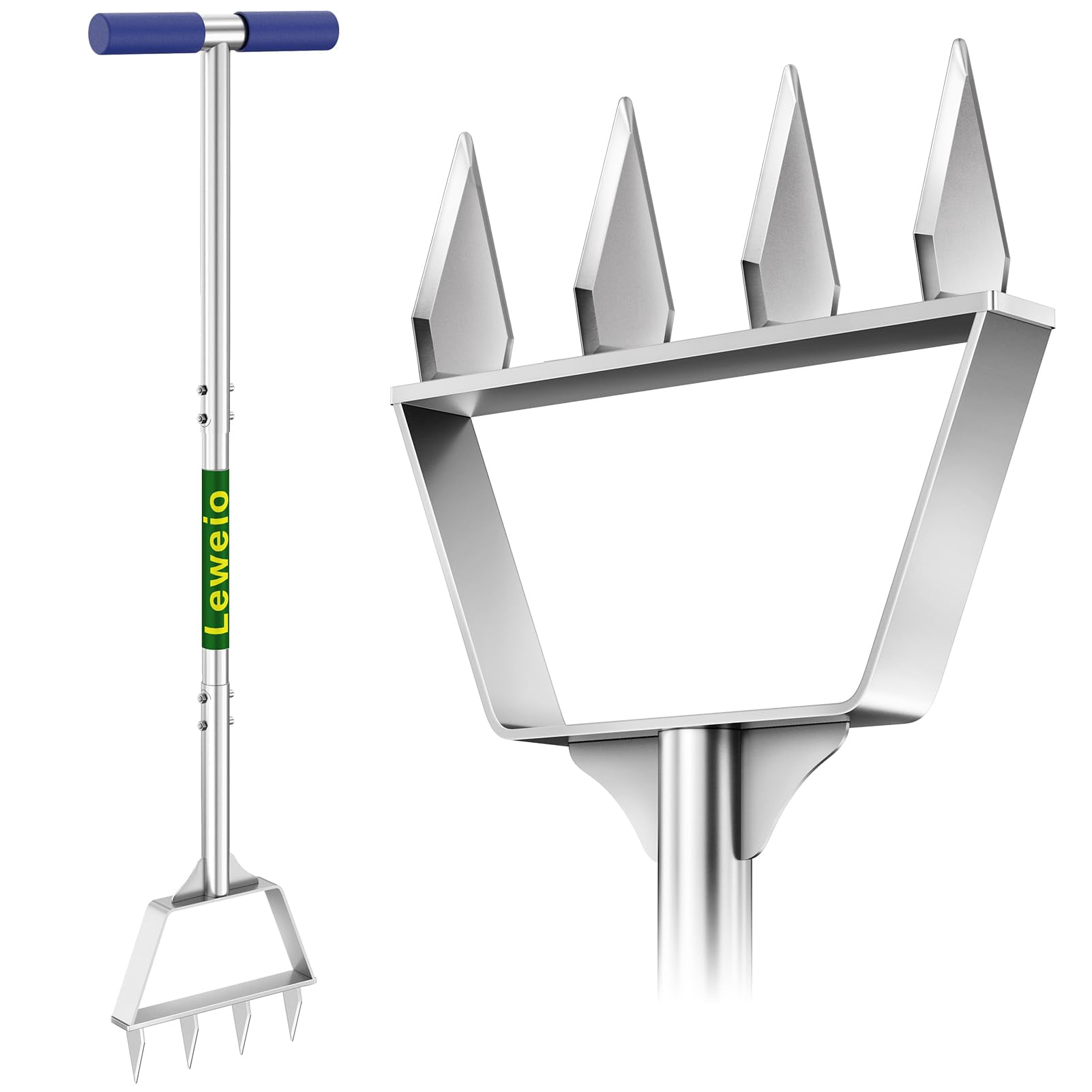 Manual Lawn Aerator Spike Tool  Semi-assembled Non-clogging With 4 Steel Spikes Handle & Reinforced Welding For Compacted Soil Loosening Yard Aeration - Green