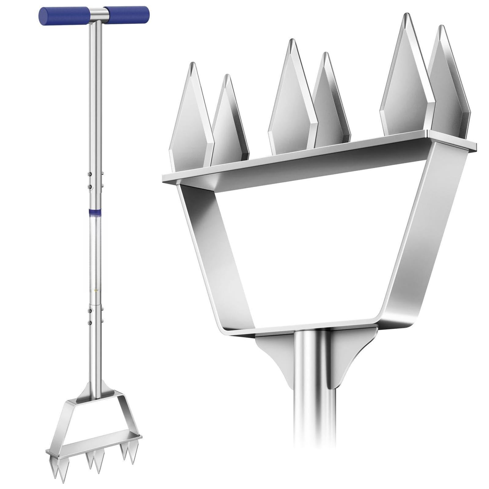 Manual Lawn Aerator Spike Tool  Semi-assembled Non-clogging With 6 Steel Spikes Handle & Reinforced Welding For Compacted Soil Loosening Yard Aeration - Blue