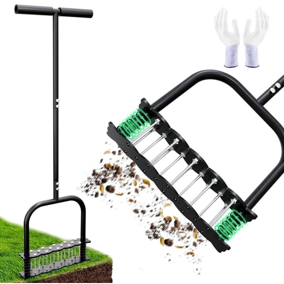 DYONDER Lawn Aerator, Foot Pedal Manual Lawn Tool with 14 Iron Spikes, Adjustable Spring Self-Cleaning Metal Lawn Aerator