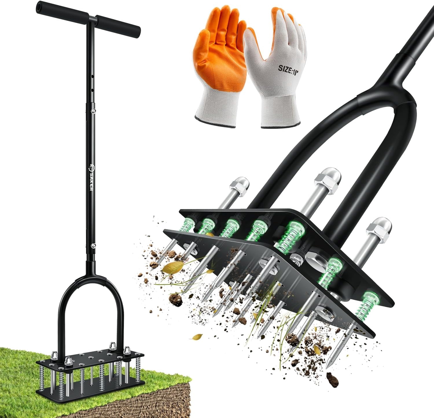 Manual Lawn Aerator Tool with 15 Iron Spikes Adjustable Height, Double-Layer Spring, Heavy-Duty Gloves for Loosening Soil Aerating Patio, Yard, Garden Black