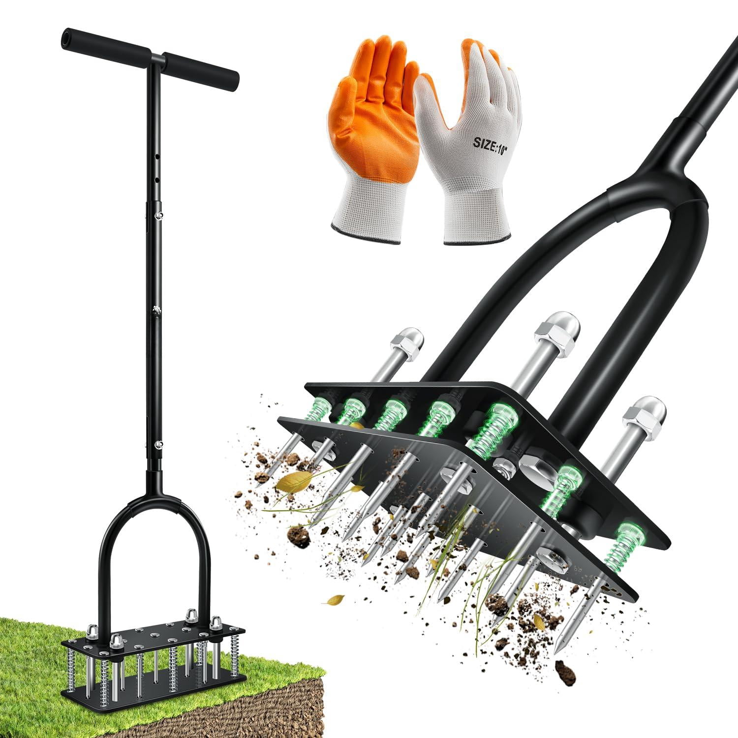 Manual Lawn Aerator Tool With 15 Iron Spikes Adjustable Height  Double-layer Spring Heavy-duty Gloves For Loosening Soil Aerating Patio Yard Garden Black
