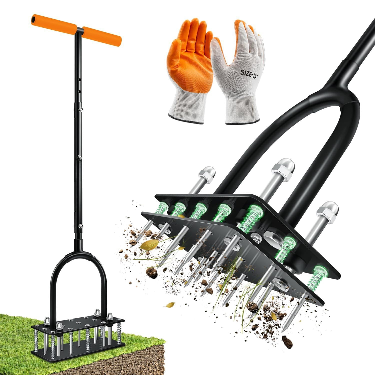 Manual Lawn Aerator Tool  With 15 Iron Spikes Adjustable Height Double-layer Spring Heavy-duty Gloves For Loosening Soil Aerating Patio Yard Garden Orange