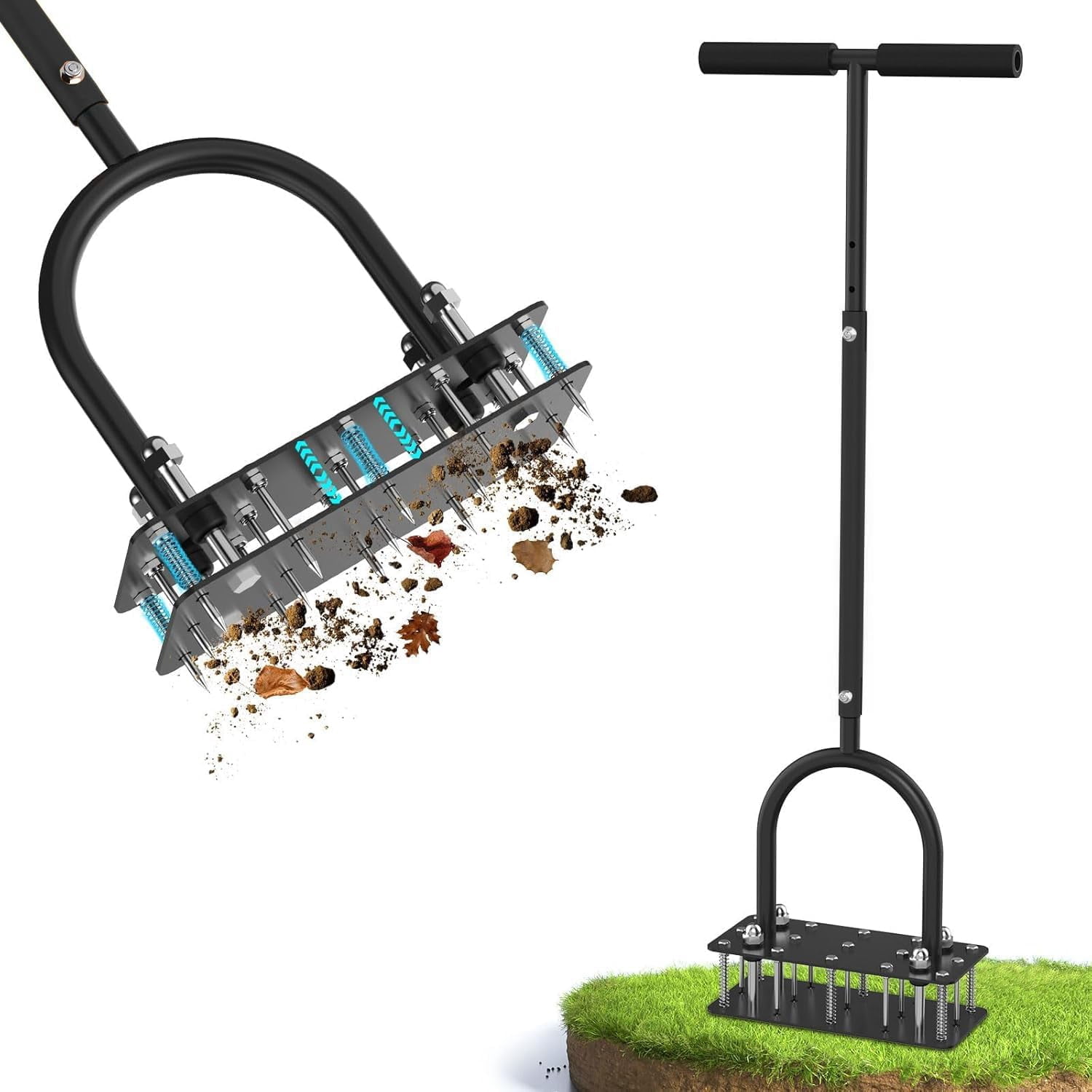 Manual Lawn Aerator Tool with 15 Spikes, 32"-35" Adjustable T-Handle Aerator for Lawn, Automatic Dirt Ejection Design, Heavy Duty Yard Grass Aerator for Soil Compaction，Black