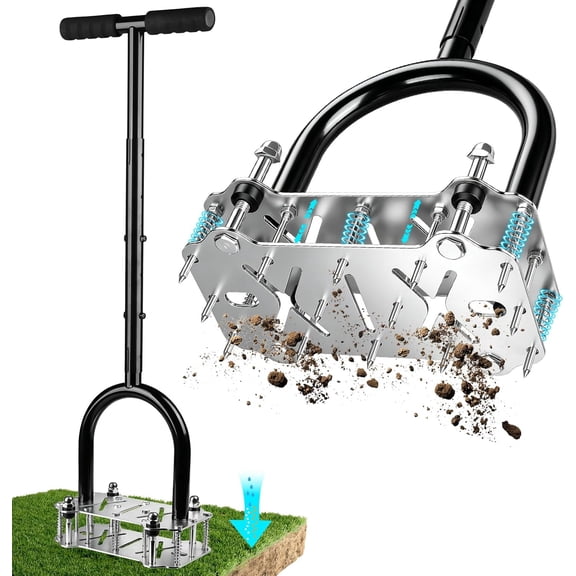 Manual Lawn Aerator Tool Heavy Duty Steel Spikes, Core Aerator with Spring-Loaded Automatic Soil Ejection, Dual-Height Adjustable Wide Foot Plate for Yard, Garden, Lawn Aeration