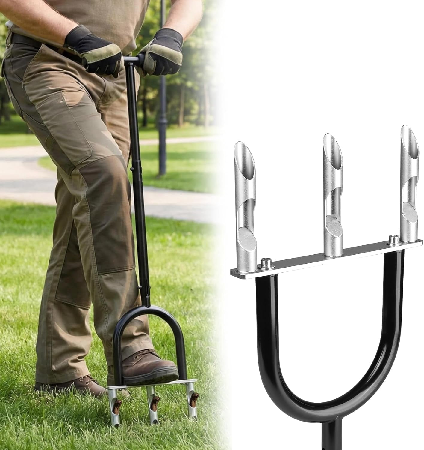 Manual Lawn Aerator Tool, Hollow Tines Plug Core Aerator, Heavy Duty Hand Soil Tool with Adjustable Handle, Grass Aeration Garden Tools for Care, Compacted Soil, Yard