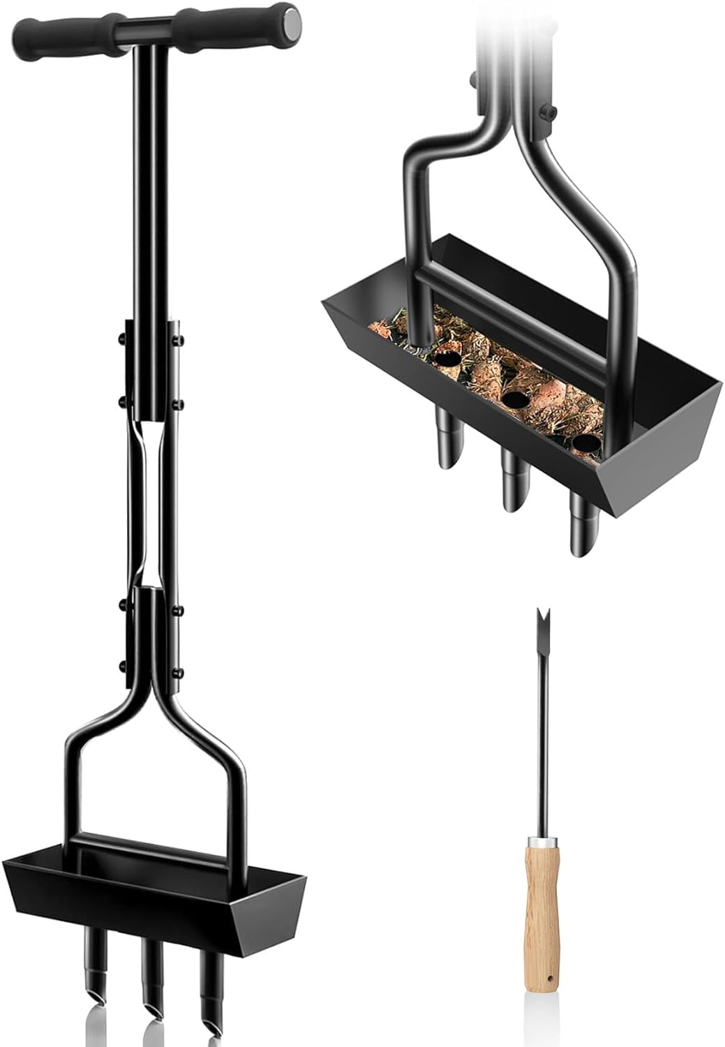 Manual Lawn Aerator Tool with Soil Storage Basket - 2025 Upgraded Tool, 3 Tines Yard Aerators Cleaning 38’’ Ergonomic Aeration Tools for Compacted & Care