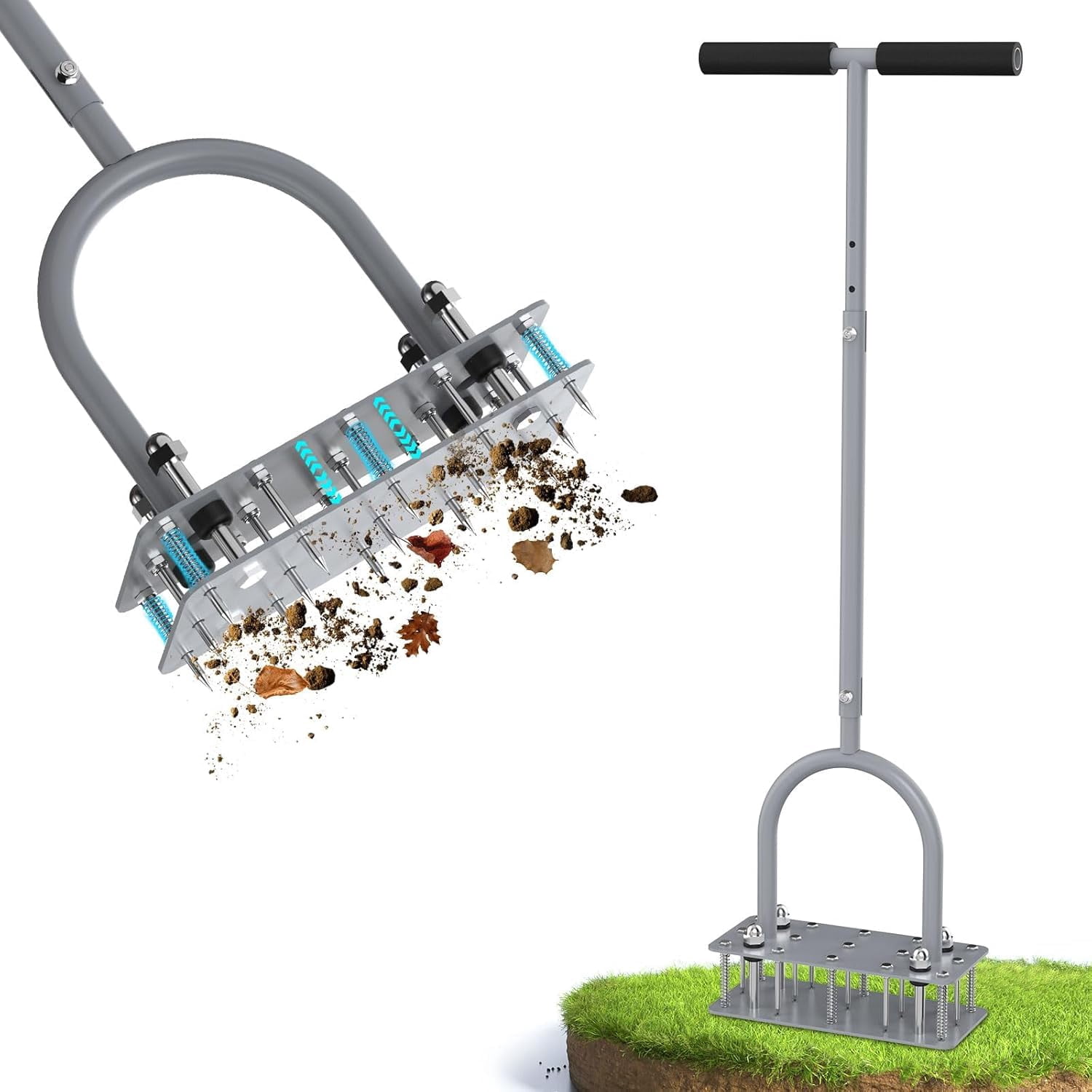 Manual Lawn Aerator Tool With 15 Spikes  32"-35" Adjustable T-handle For Automatic Dirt Ejection Design Heavy Duty Yard Grass Soil Compaction Gray